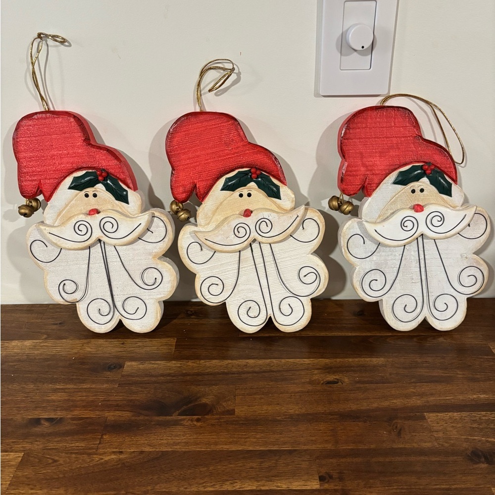Christmas Santa’s Hanging Wooden Painted Set of 3